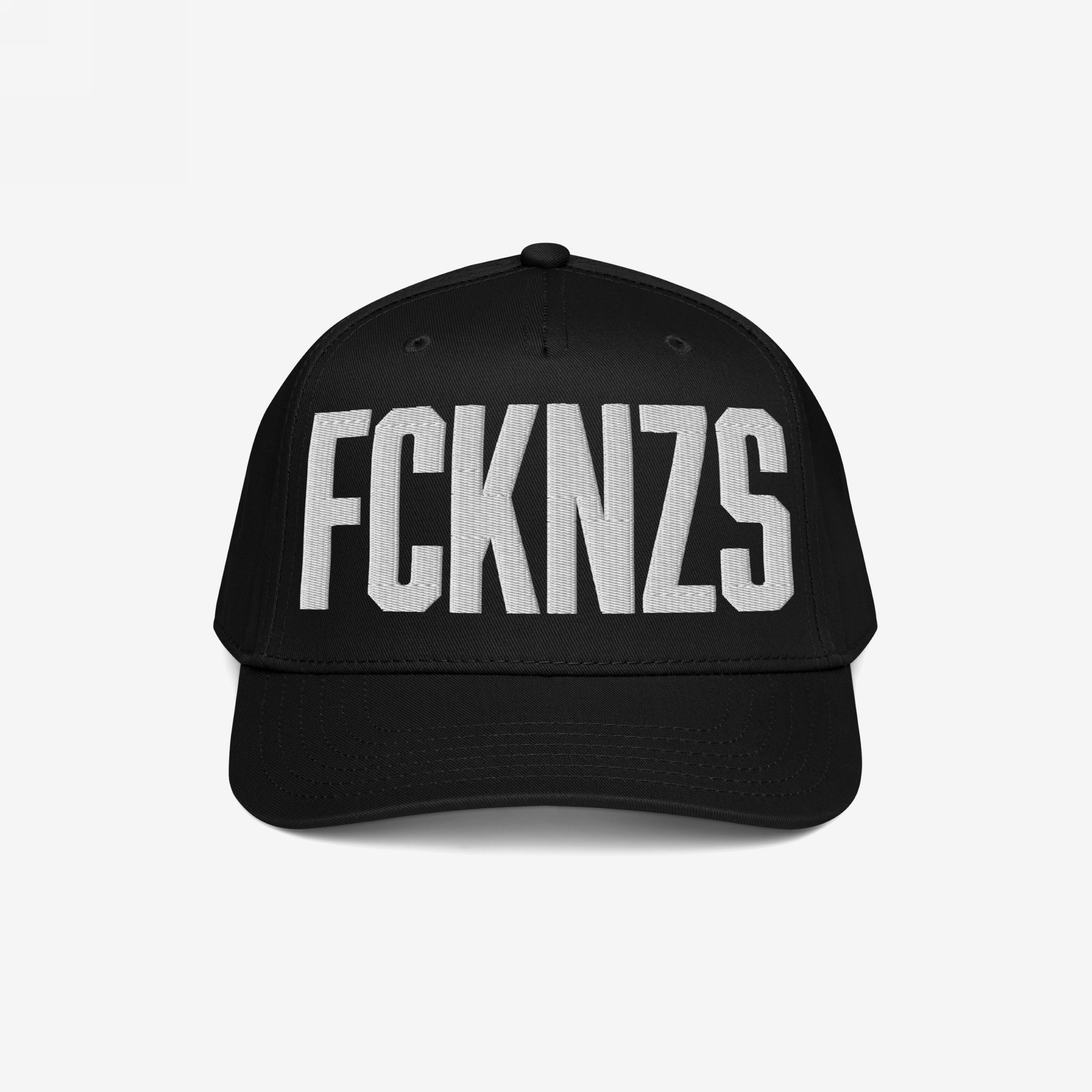 Black FCKNZS Hat with bold white embroidery expressing anti-fascist sentiment; ideal for making a visible statement against hate, inspired by protest culture.