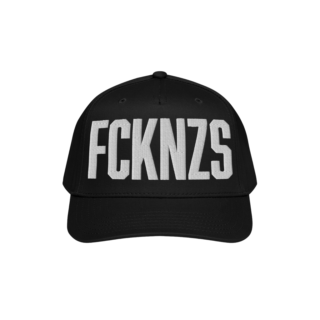 Black FCKNZS Hat with bold white embroidery expressing anti-fascist sentiment; ideal for making a visible statement against h