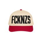 FCKNZS Hat featuring a light beige crown and red bill with bold black FCKNZS embroidery, embodying a strong anti-fascist mess