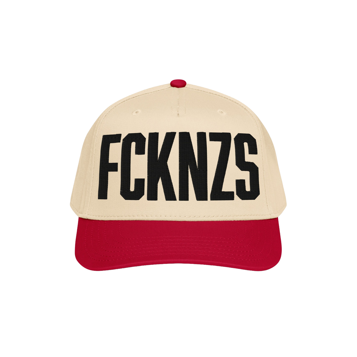 FCKNZS Hat featuring a light beige crown and red bill with bold black FCKNZS embroidery, embodying a strong anti-fascist mess