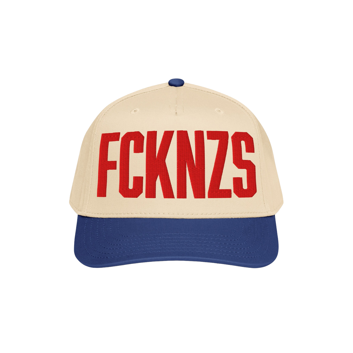 FCKNZS Hat: A two-tone baseball cap with a beige front and royal-blue brim, featuring bold red embroidered FCKNZS, symbolizin