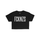 FCKNZS Women's Baby Tee featuring a bold FCKNZS distressed white print stacked thrice on front, symbolizing anti-fascist sent