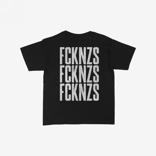 FCKNZS Women's Baby Tee featuring a bold, distressed white print of “FCKNZS” stacked three times on the front, embodying a clear anti-fascist message. Ideal for those who stand against hate.