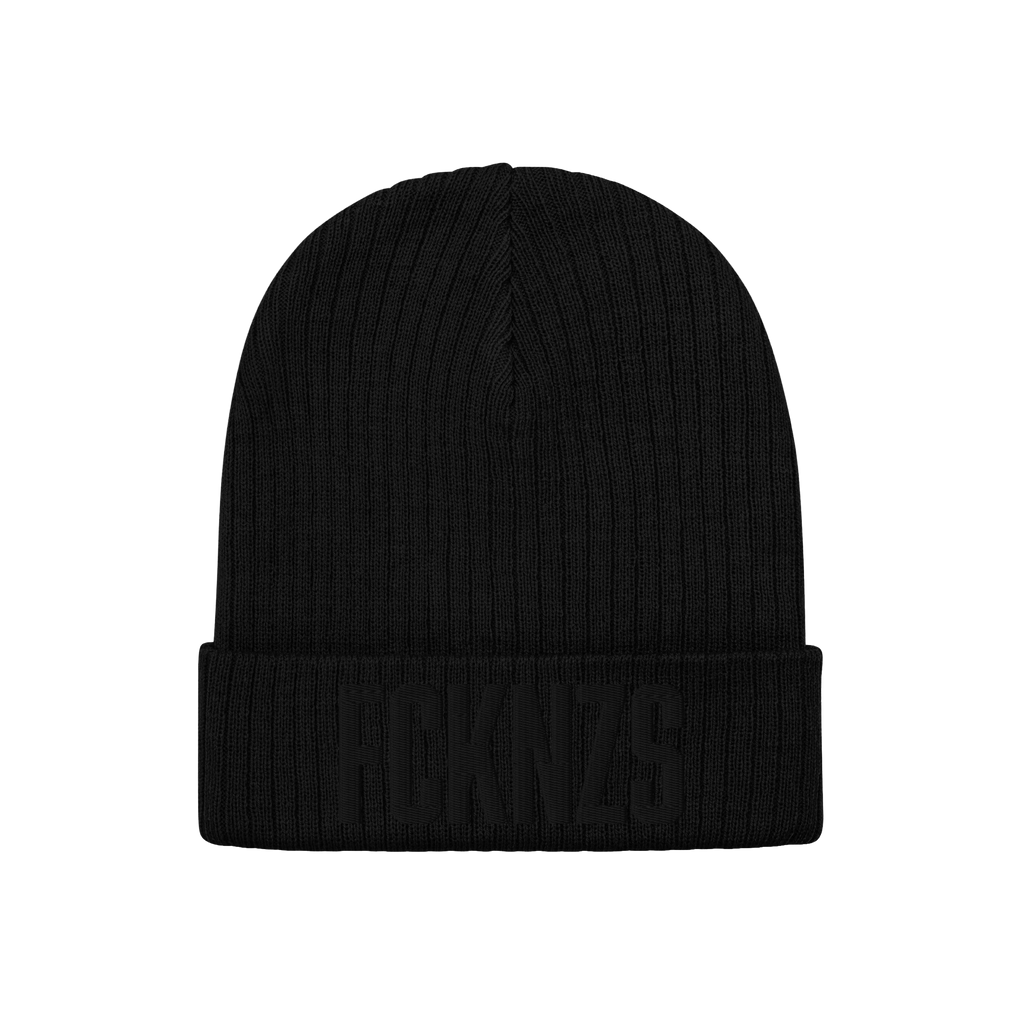 Black rib-knit cuffed beanie with FCKNZS embossed on the front, symbolizing an anti-fascist stance. Ideal for expressing soli