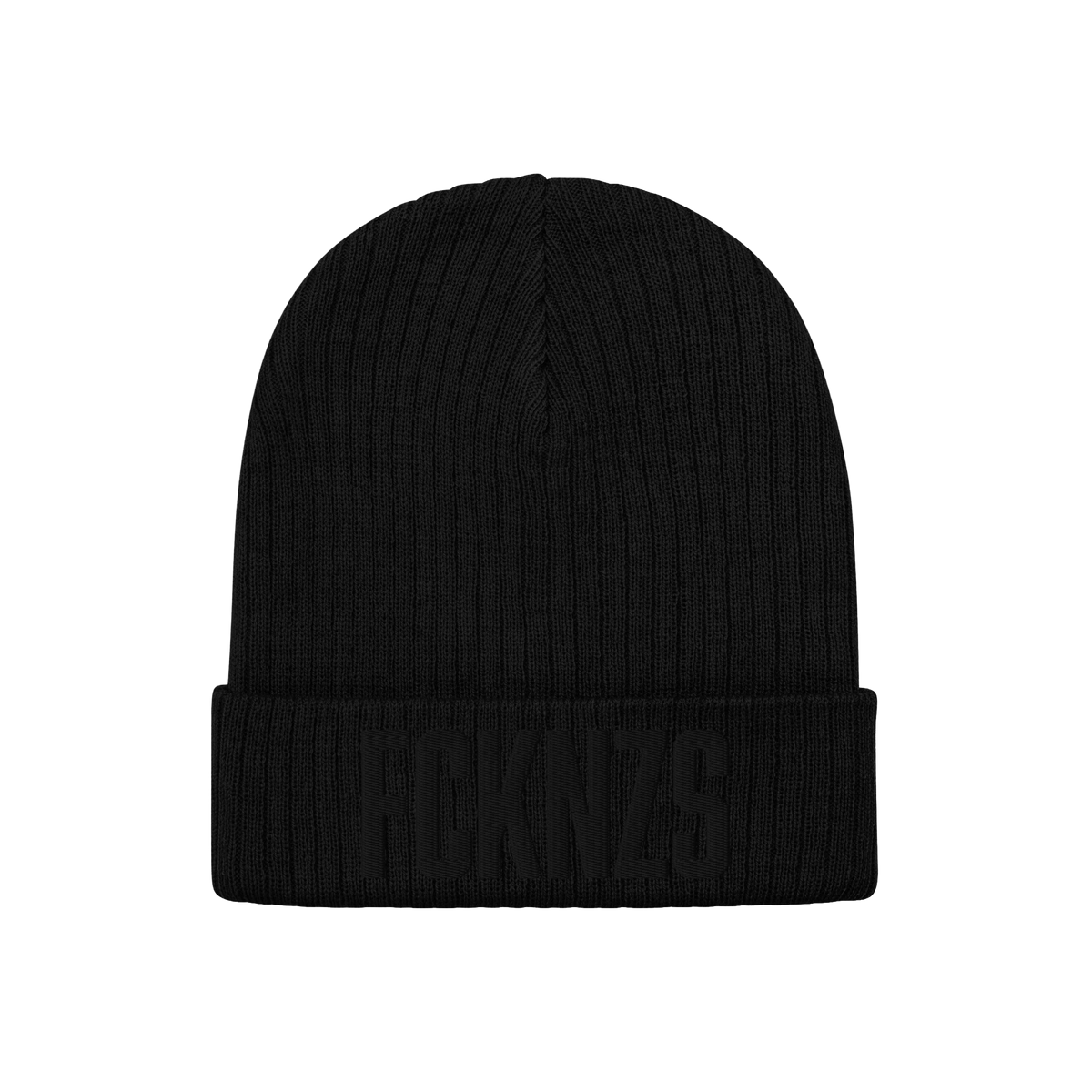 Black rib-knit cuffed beanie with FCKNZS embossed on the front, symbolizing an anti-fascist stance. Ideal for expressing soli