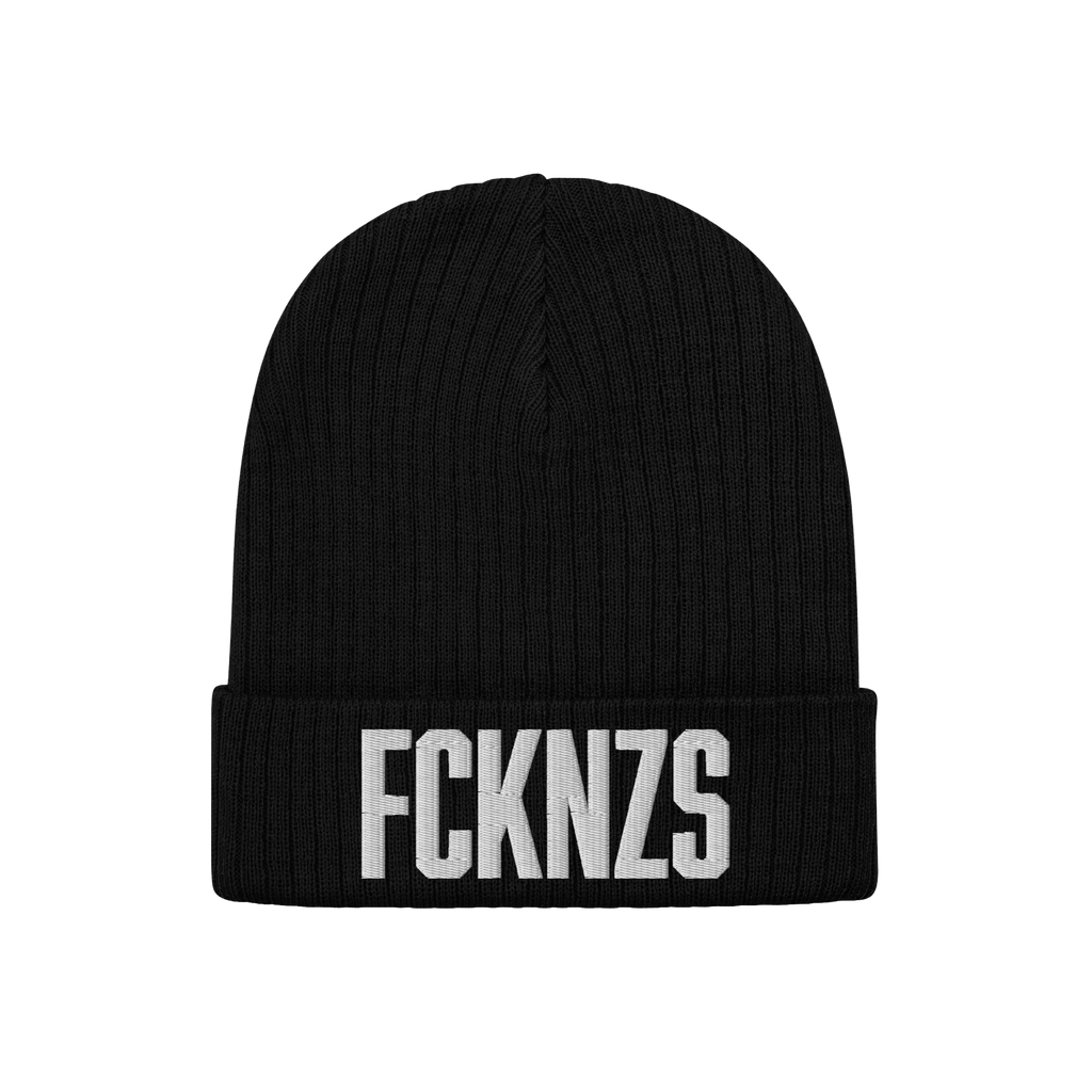 Black FCKNZS Hat, a knitted beanie featuring bold white embroidery, symbolizes anti-fascist protest. Ideal for expressing str