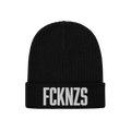 Black FCKNZS Hat, a knitted beanie featuring bold white embroidery, symbolizes anti-fascist protest. Ideal for expressing str