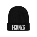 Black FCKNZS Hat, a knitted beanie featuring bold white embroidery, symbolizes anti-fascist protest. Ideal for expressing str