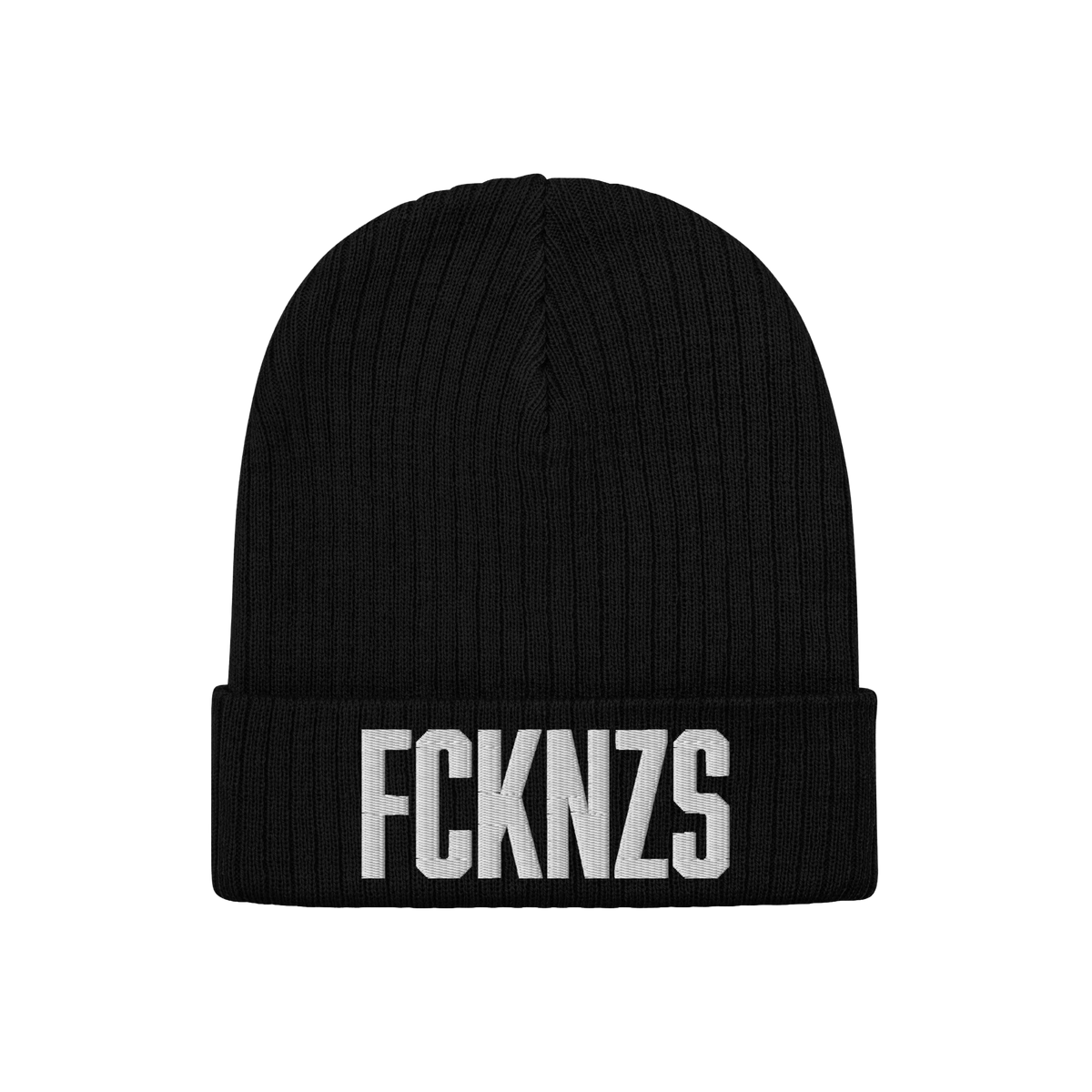 Black FCKNZS Hat, a knitted beanie featuring bold white embroidery, symbolizes anti-fascist protest. Ideal for expressing str