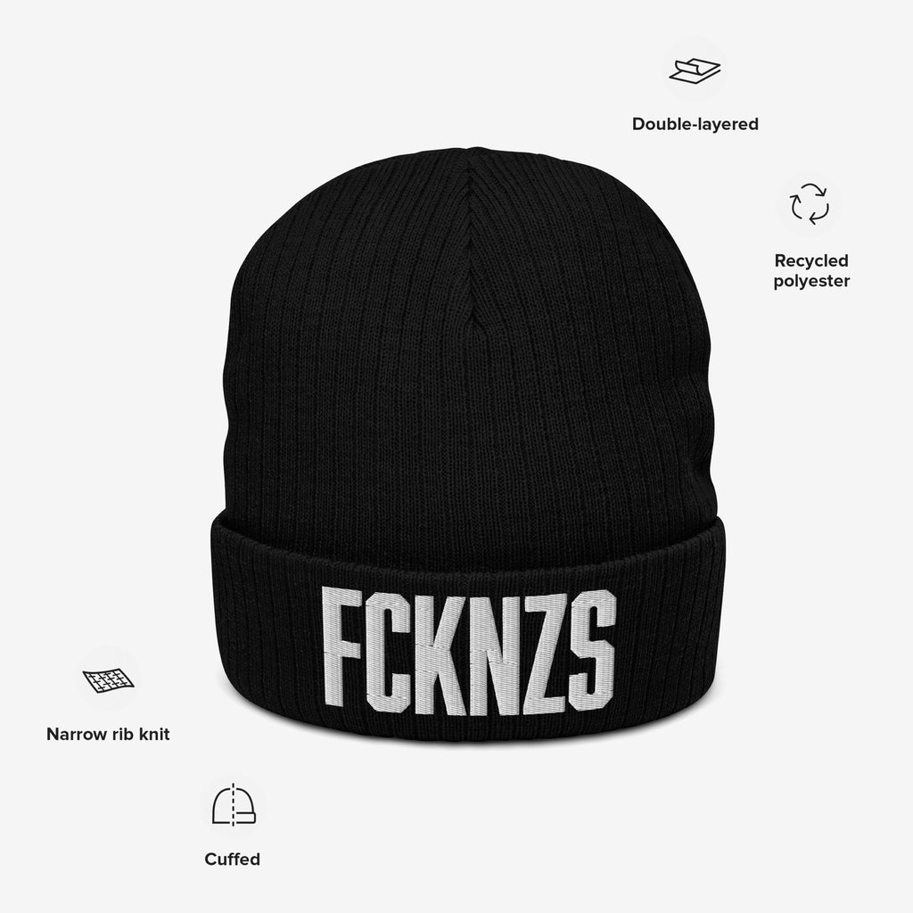 FCKNZS Hat: A black cuffed knit beanie with bold white FCKNZS embroidery. Features include double-layered recycled polyester, narrow rib knit, and a protest design against fascism, promoting equality.