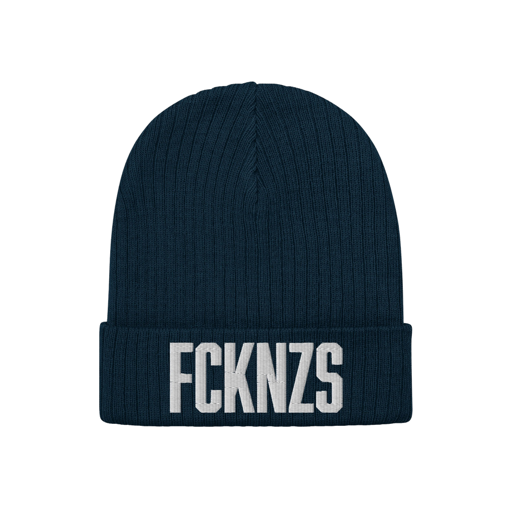 Navy-blue ribbed knit beanie with FCKNZS embroidered in bold white letters, representing an anti-fascist stance.