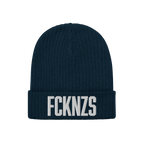 Navy-blue ribbed knit beanie with FCKNZS embroidered in bold white letters, representing an anti-fascist stance.