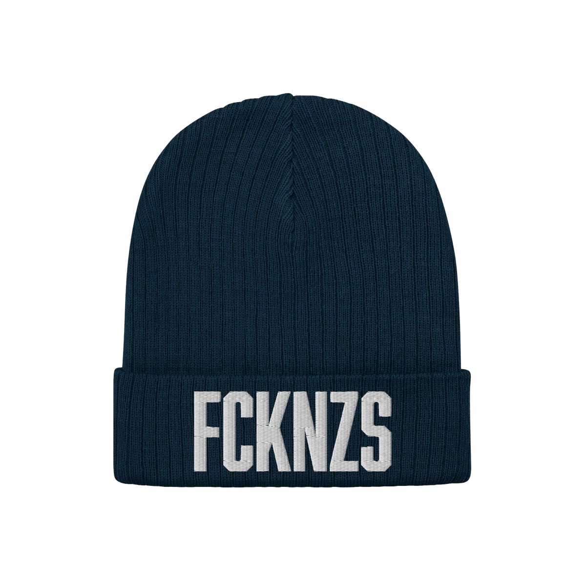Navy-blue ribbed knit beanie with FCKNZS embroidered in bold white letters, representing an anti-fascist stance.