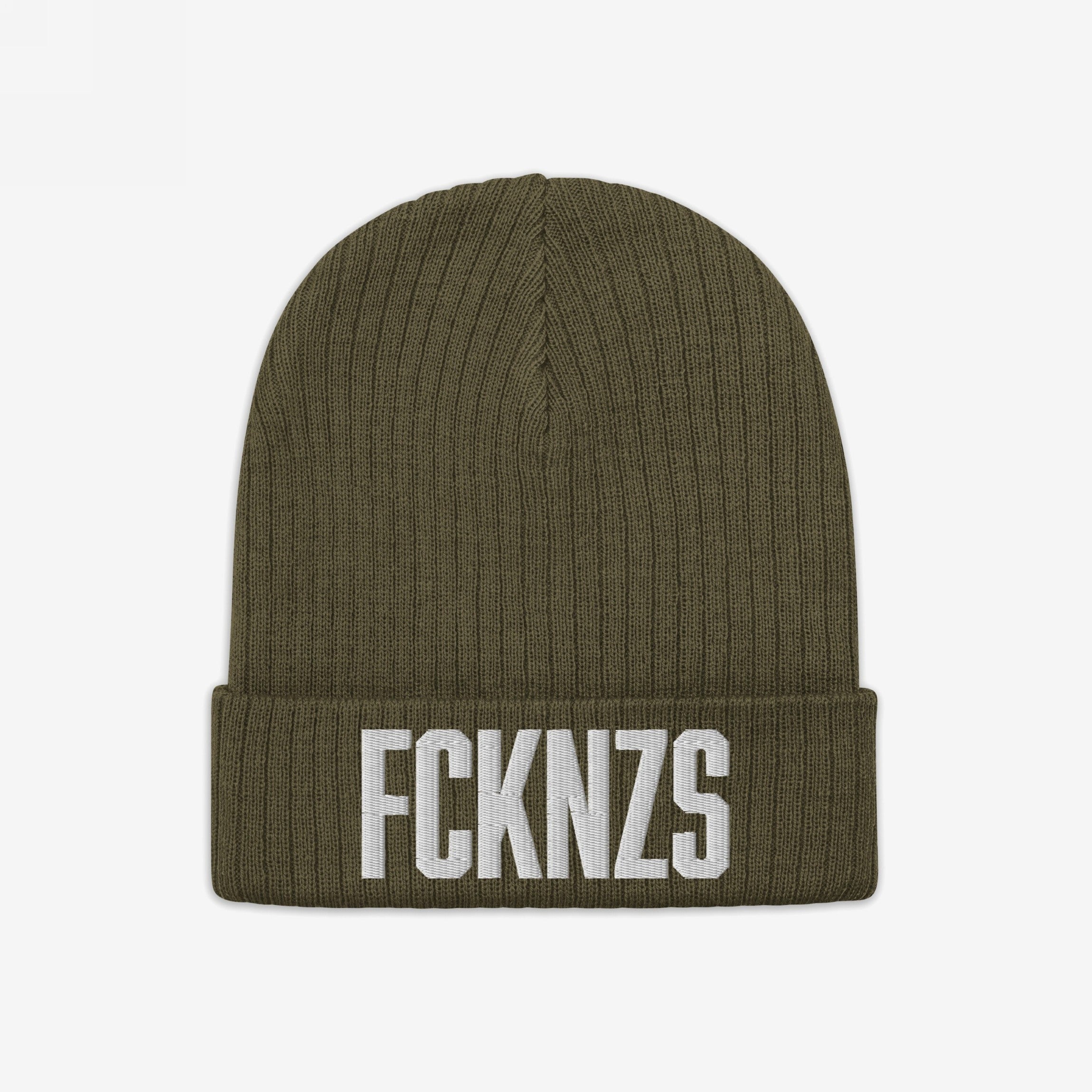 Olive-green rib-knit beanie with FCKNZS in white embroidery, highlighting anti-fascist stance. Folded cuff design, ideal for marches and everyday wear, embodying a strong message against hate.