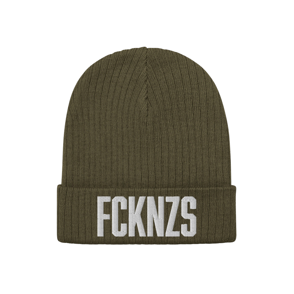Olive-green rib-knit beanie with FCKNZS in white embroidery, highlighting anti-fascist stance. Folded cuff design, ideal for 