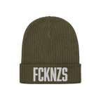 Olive-green rib-knit beanie with FCKNZS in white embroidery, highlighting anti-fascist stance. Folded cuff design, ideal for 