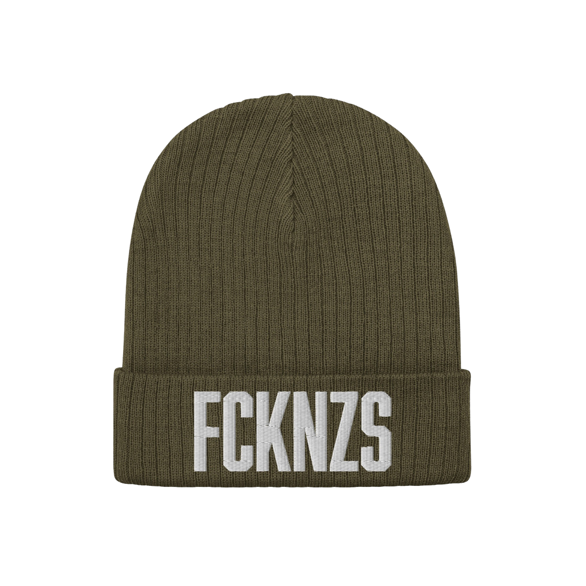 Olive-green rib-knit beanie with FCKNZS in white embroidery, highlighting anti-fascist stance. Folded cuff design, ideal for 