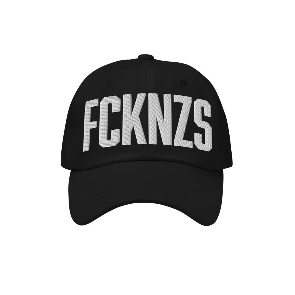 Black FCKNZS Hat with bold white embroidered letters, conveying an anti-fascist message. Perfect for making a statement at ma