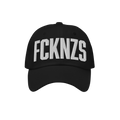 Black FCKNZS Hat with bold white embroidered letters, conveying an anti-fascist message. Perfect for making a statement at ma
