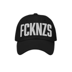 Black FCKNZS Hat with bold white embroidered letters, conveying an anti-fascist message. Perfect for making a statement at ma