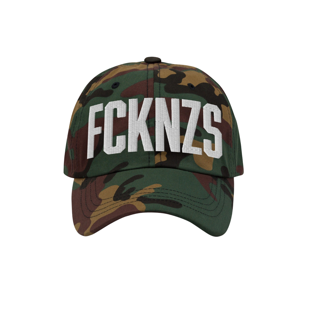 Camo-patterned FCKNZS Hat with white embroidered block letters on the front, expressing anti-fascist sentiments. Ideal for ma