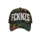 Camo-patterned FCKNZS Hat with white embroidered block letters on the front, expressing anti-fascist sentiments. Ideal for ma