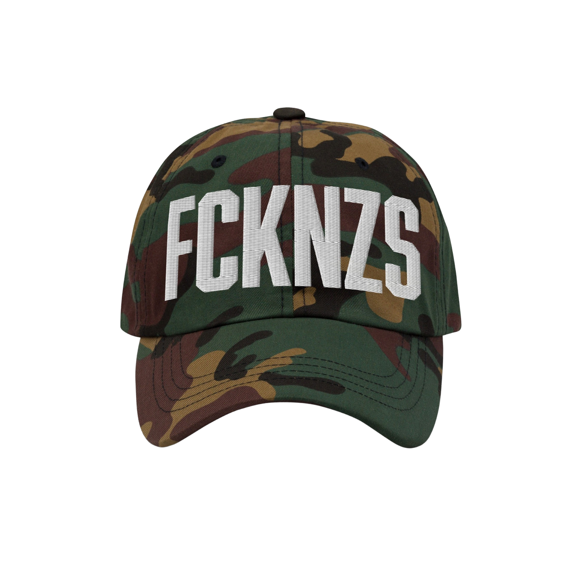 Camo-patterned FCKNZS Hat with white embroidered block letters on the front, expressing anti-fascist sentiments. Ideal for ma