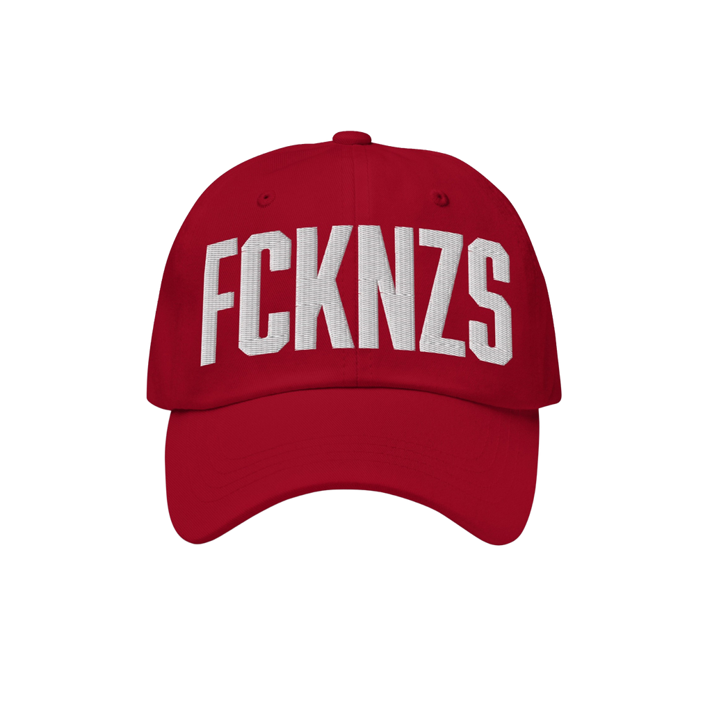 Red FCKNZS Hat with FCKNZS embroidered in white on the front, symbolizing anti-fascist protest. Ideal for those wanting a vis