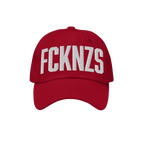 Red FCKNZS Hat with FCKNZS embroidered in white on the front, symbolizing anti-fascist protest. Ideal for those wanting a vis