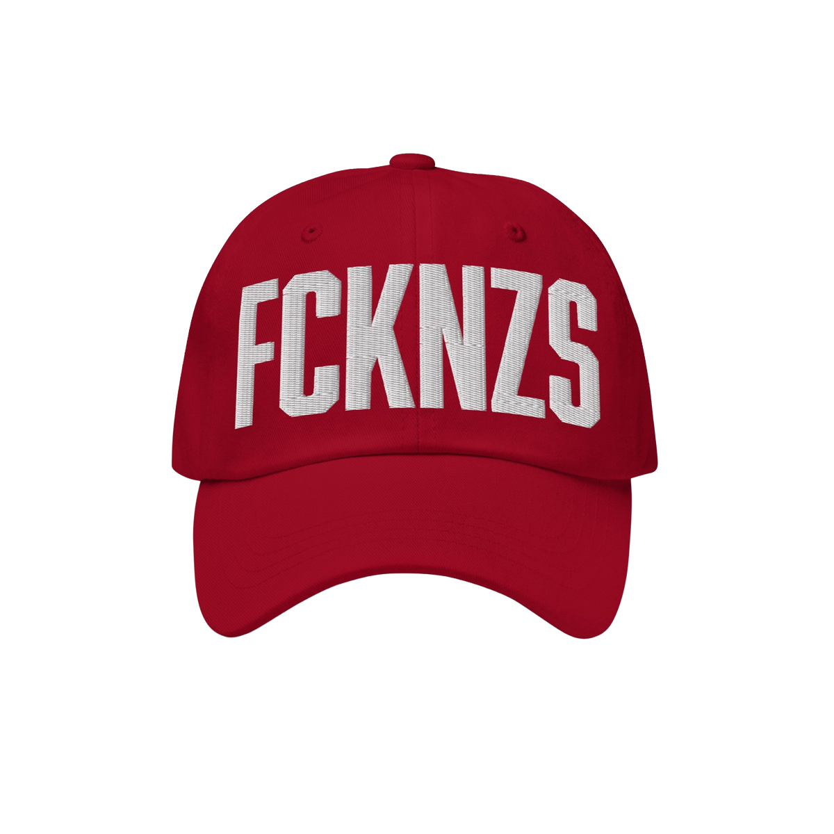 Red FCKNZS Hat with FCKNZS embroidered in white on the front, symbolizing anti-fascist protest. Ideal for those wanting a vis