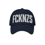 Navy blue FCKNZS Hat with curved brim, featuring bold white block letters for an anti-fascist statement. Ideal for expressing