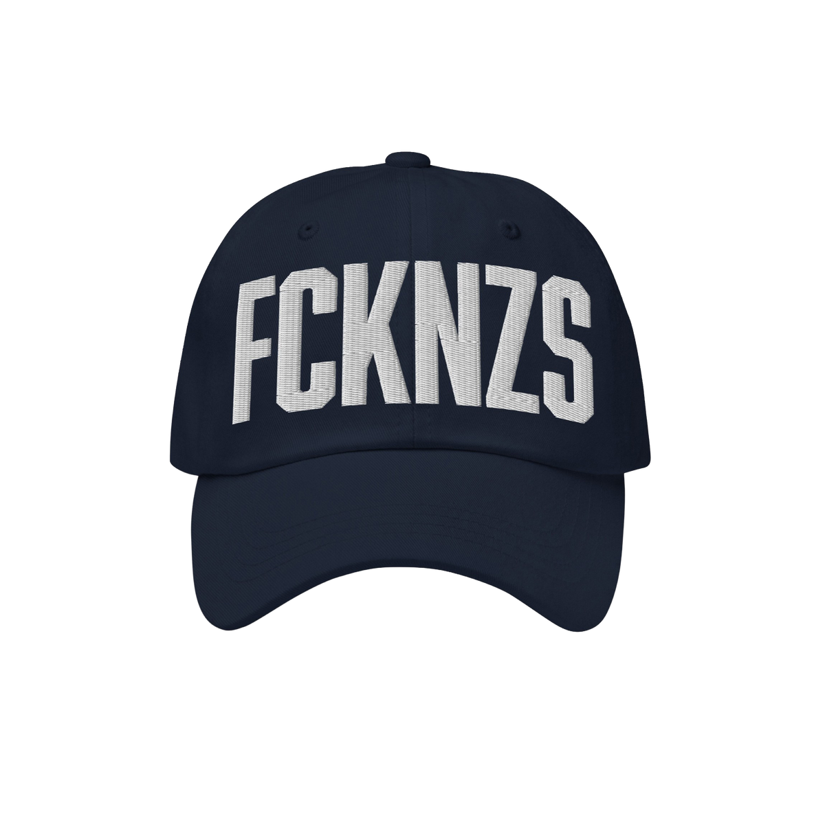 Navy blue FCKNZS Hat with curved brim, featuring bold white block letters for an anti-fascist statement. Ideal for expressing