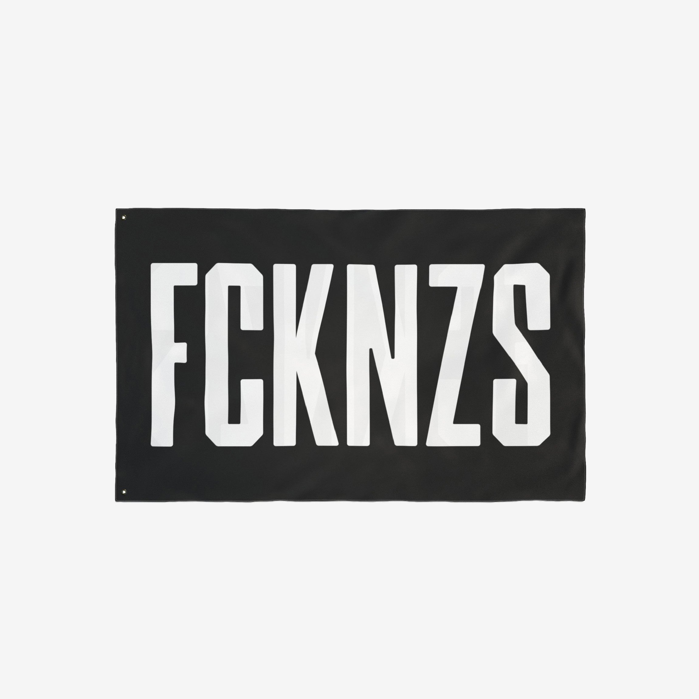 Black FCKNZS flag with bold white letters, symbolizing anti-fascism. Ideal for home display or protests, this double-sided flag comes in four sizes to make a powerful statement against hate.