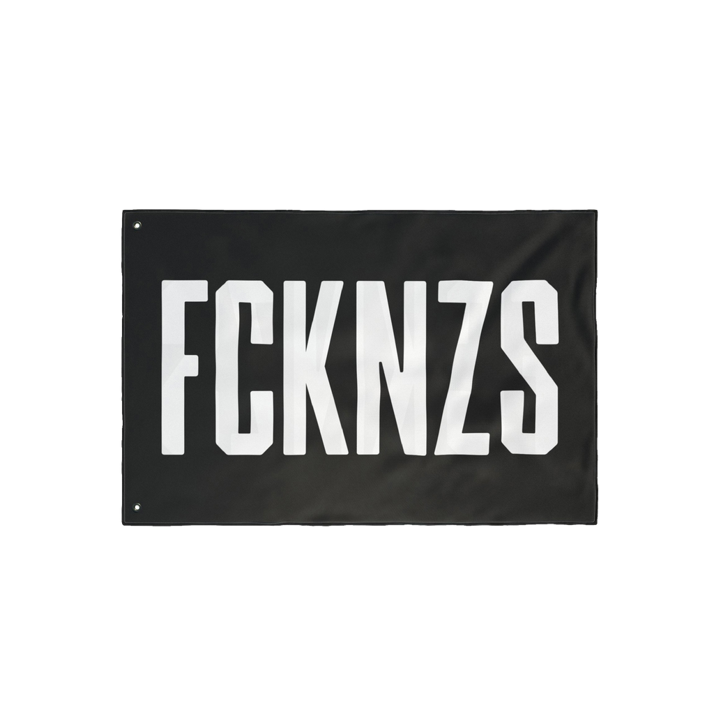 FCKNZS Flag with bold white text on black fabric, featuring metal grommets for easy hanging. Ideal for anti-fascist statement
