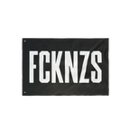 FCKNZS Flag with bold white text on black fabric, featuring metal grommets for easy hanging. Ideal for anti-fascist statement