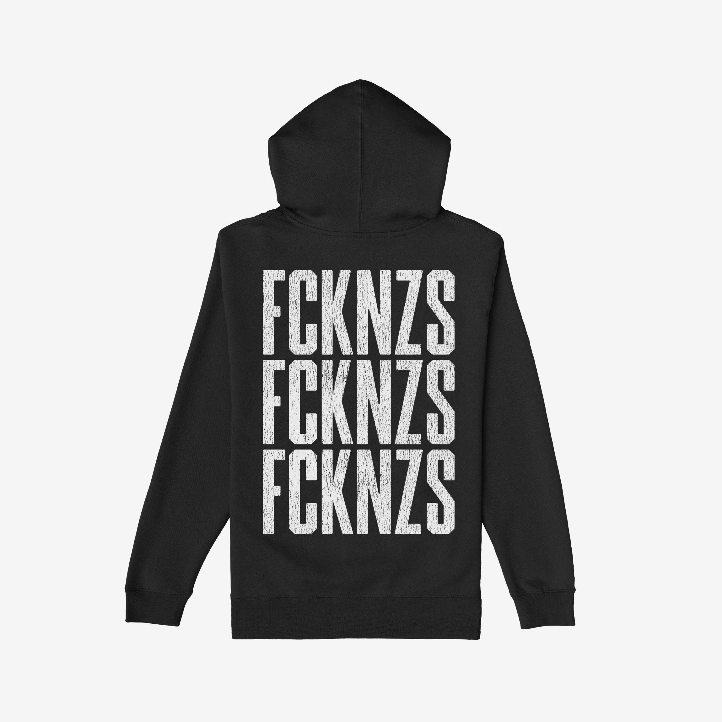 FCKNZS Hoodie showcasing a bold anti-fascist message with FCKNZS printed thrice in distressed white on the back, embodying a protest design for those who stand against hate.