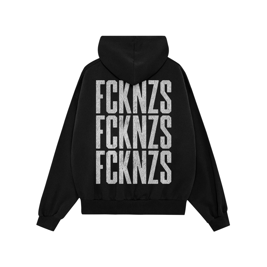 FCKNZS Hoodie showcasing a bold anti-fascist message with FCKNZS printed thrice in distressed white on the back, embodying a