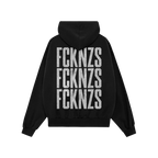FCKNZS Hoodie showcasing a bold anti-fascist message with FCKNZS printed thrice in distressed white on the back, embodying a