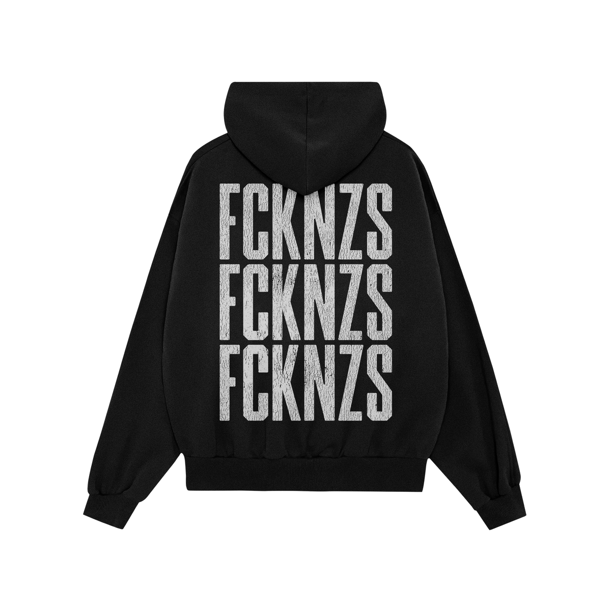 FCKNZS Hoodie showcasing a bold anti-fascist message with FCKNZS printed thrice in distressed white on the back, embodying a