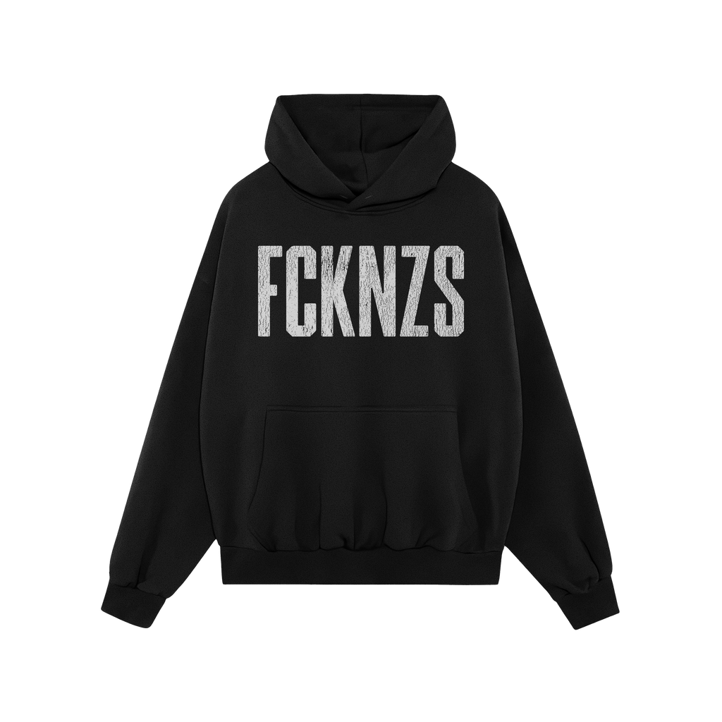 FCKNZS Hoodie featuring a bold, distressed white FCKNZS print across the chest, with a drawstring hood and kangaroo pocket, e