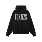 FCKNZS Hoodie featuring a bold, distressed white FCKNZS print across the chest, with a drawstring hood and kangaroo pocket, e