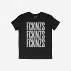 Black crew-neck FCKNZS T-shirt with bold, distressed white lettering, promoting an anti-fascist message. The brand name is subtly visible inside the collar.