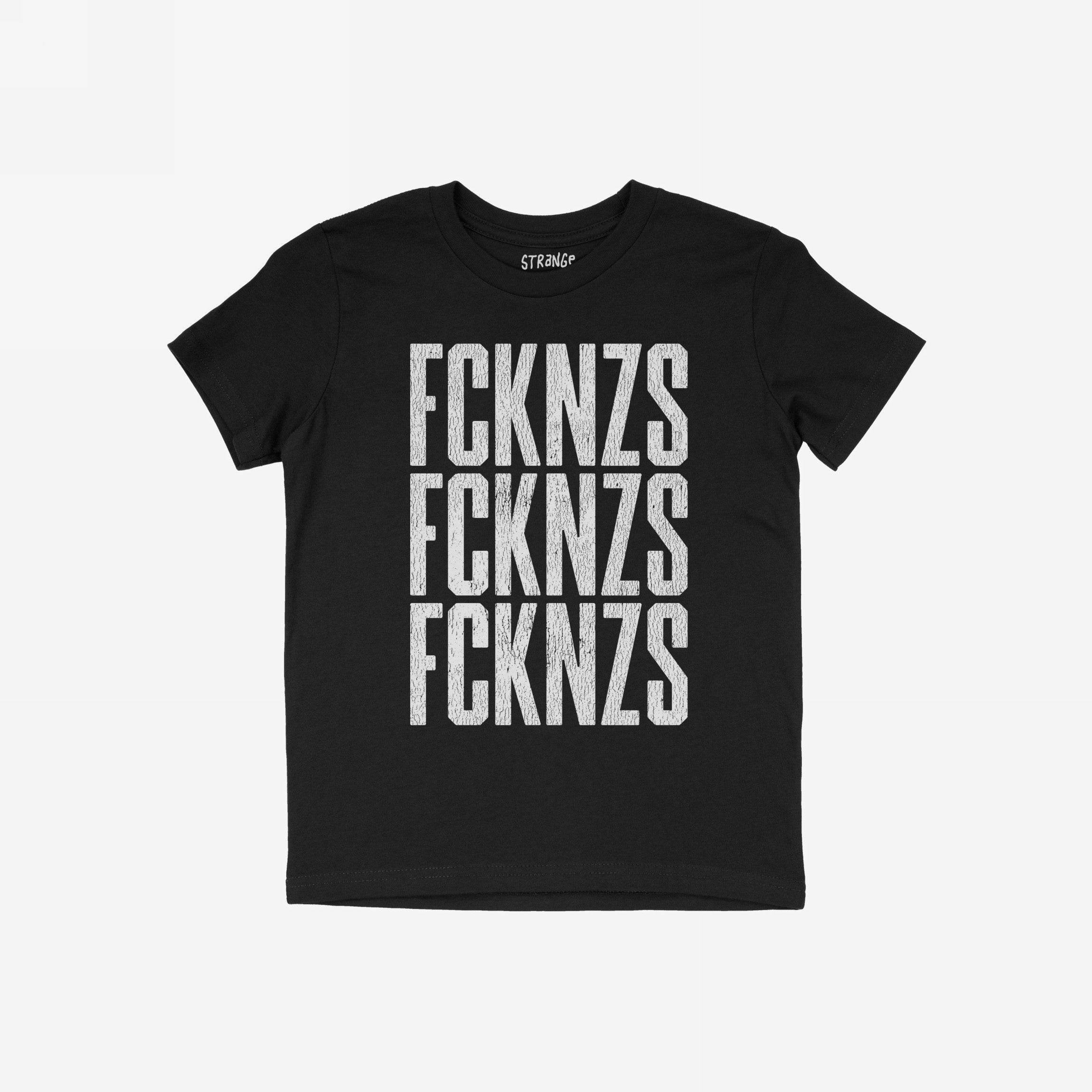Black crew-neck FCKNZS T-shirt with bold, distressed white lettering, promoting an anti-fascist message. The brand name is subtly visible inside the collar.