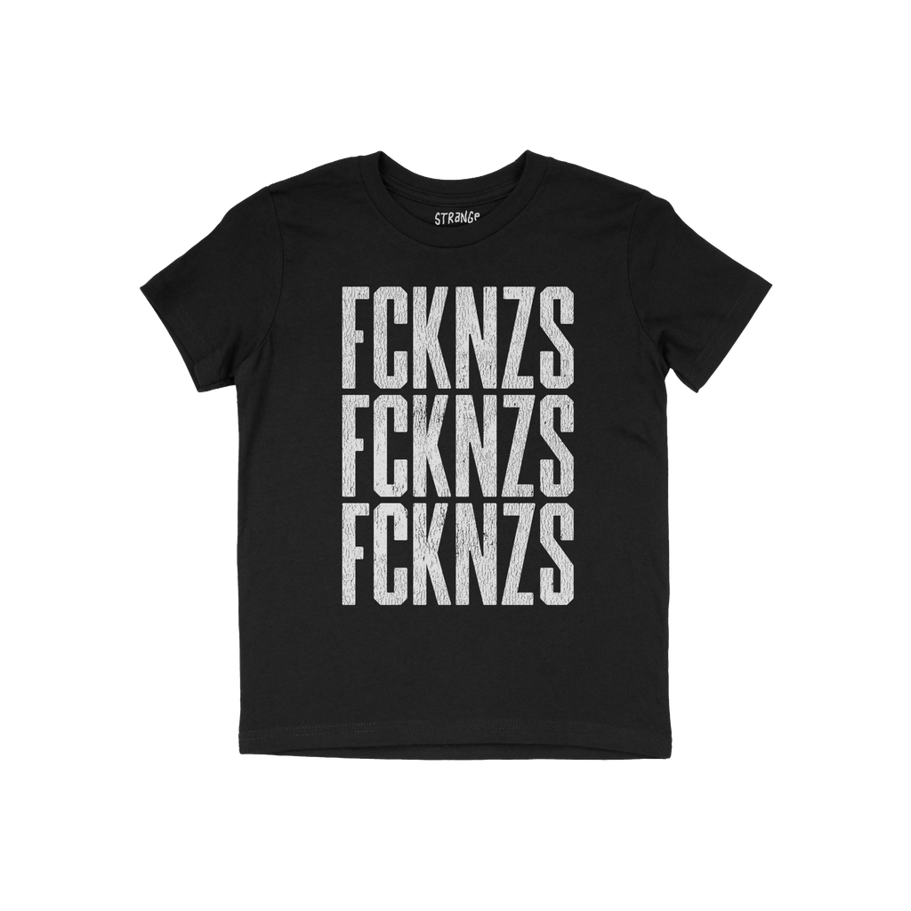 Black crew-neck FCKNZS T-shirt with bold, distressed white lettering, promoting an anti-fascist message. The brand name is su