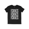 Black crew-neck FCKNZS T-shirt with bold, distressed white lettering, promoting an anti-fascist message. The brand name is su