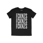 Black crew-neck FCKNZS T-shirt with bold, distressed white lettering, promoting an anti-fascist message. The brand name is su