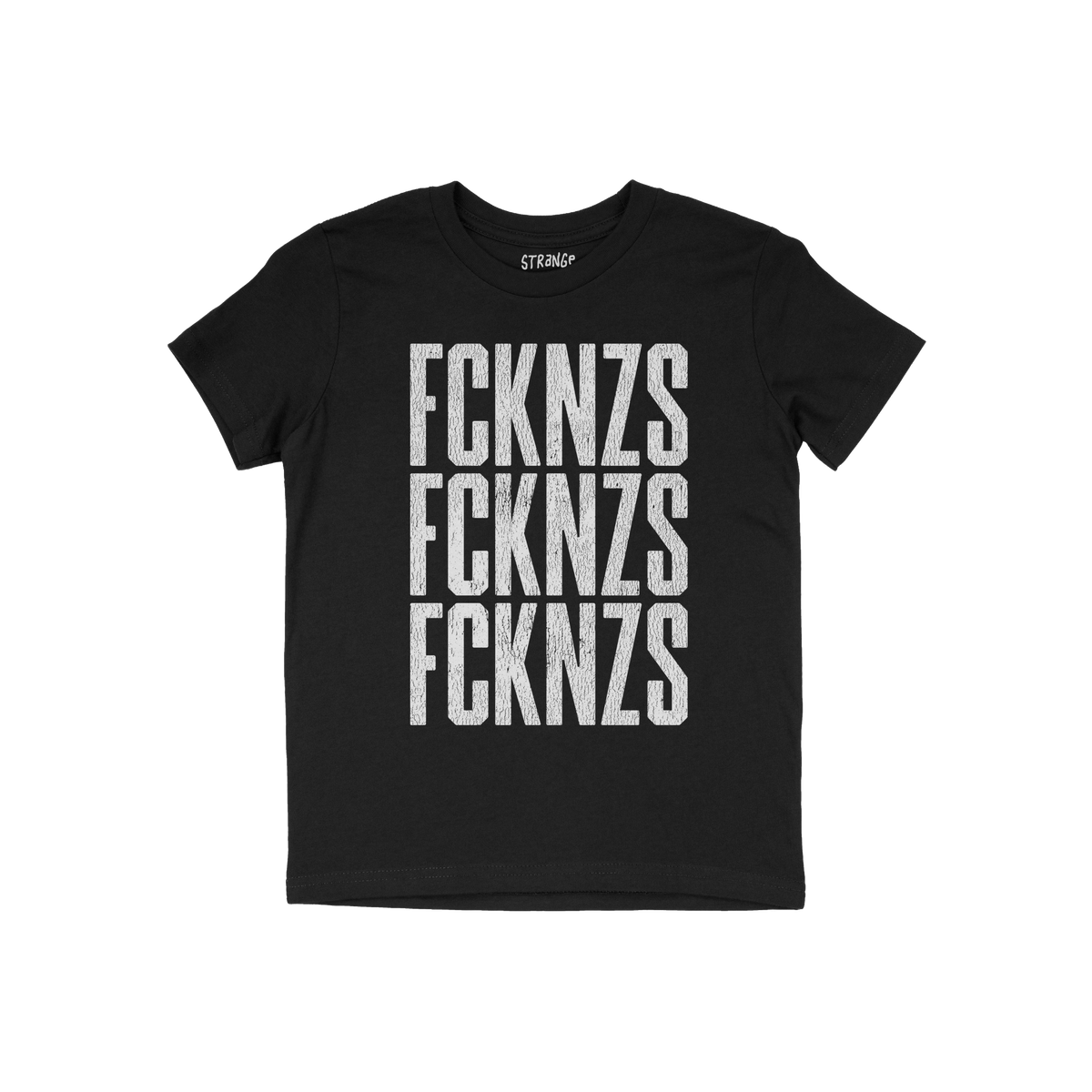 Black crew-neck FCKNZS T-shirt with bold, distressed white lettering, promoting an anti-fascist message. The brand name is su