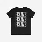 Black FCKNZS T-shirt back with distressed white text, FCKNZS, stacked thrice. Anti-fascist design embodying strong protest message against hate, aligning with values of equality and community protection.