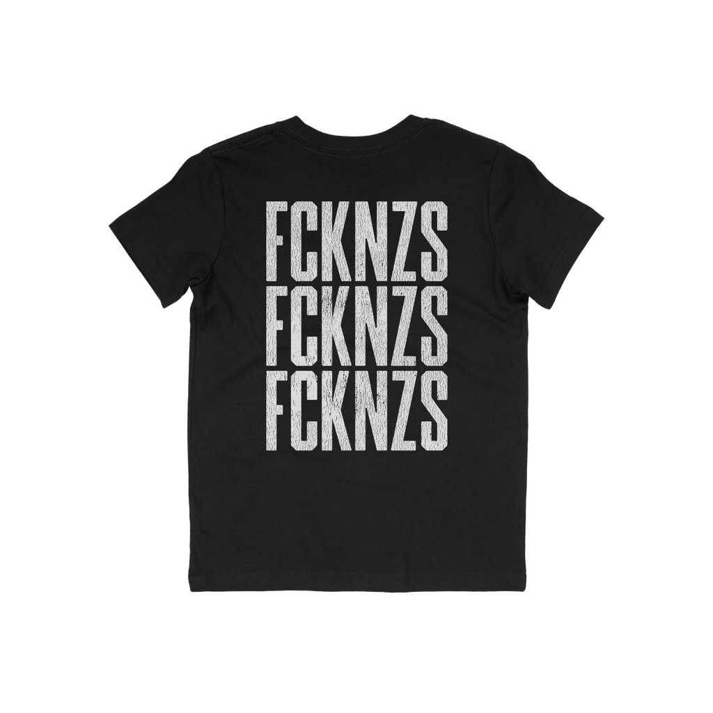Black FCKNZS T-shirt back with distressed white text, FCKNZS, stacked thrice. Anti-fascist design embodying strong protest me