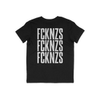 Black FCKNZS T-shirt back with distressed white text, FCKNZS, stacked thrice. Anti-fascist design embodying strong protest me